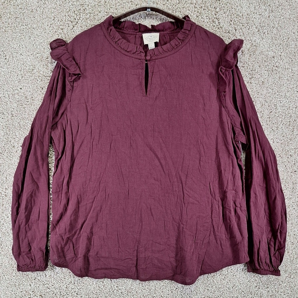 St John's Bay Blouse Women Large Burgundy Ruffle Keyhole‎ Long Sleeve Casual NWT